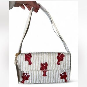 White and Red Lobster Beaded Shoulder Bag Made in India NWT